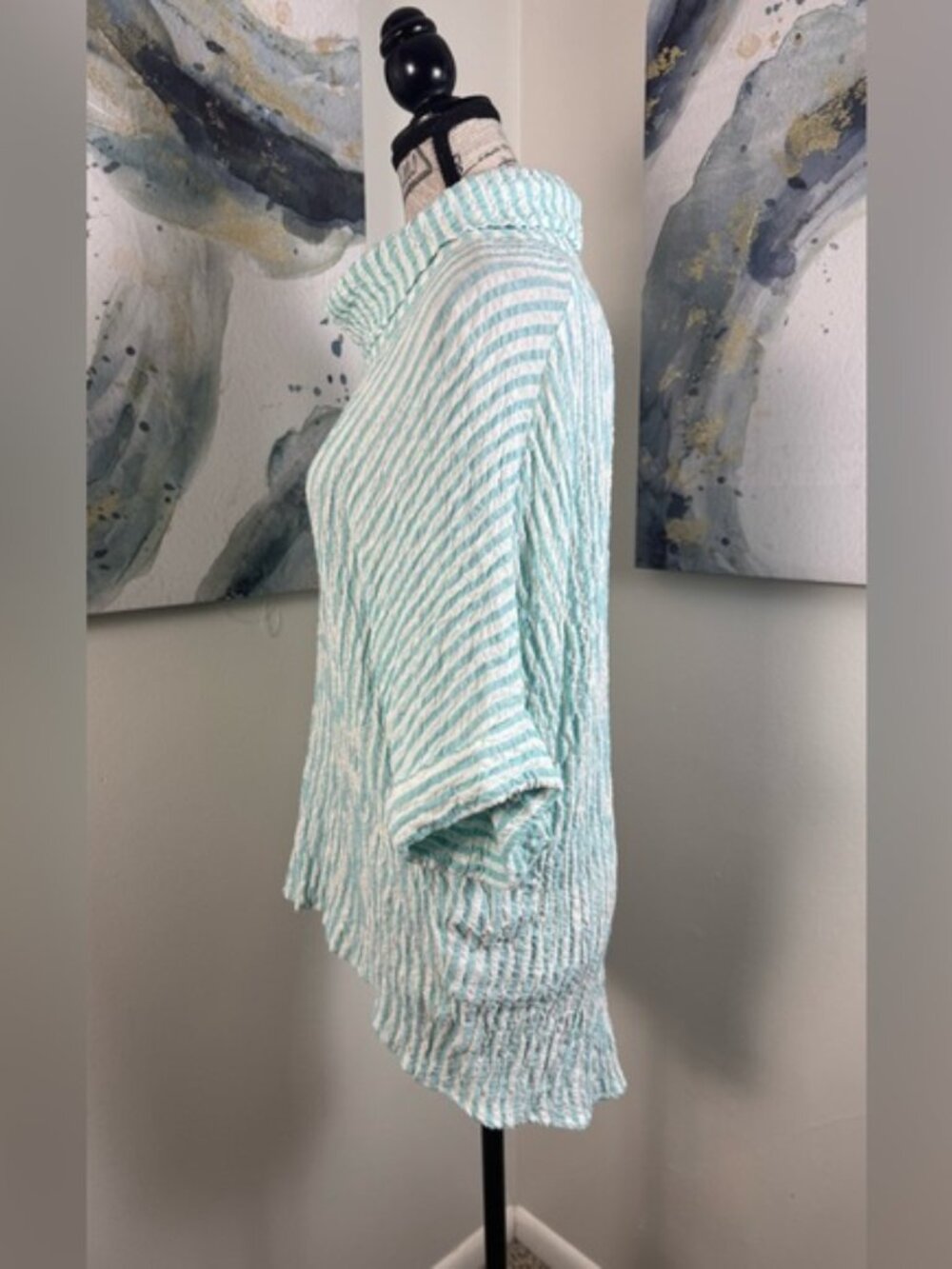 BOHO CHIC Aqua Stripe Cotton Oversized Turtleneck Tunic Top S - Picture 7 of 10